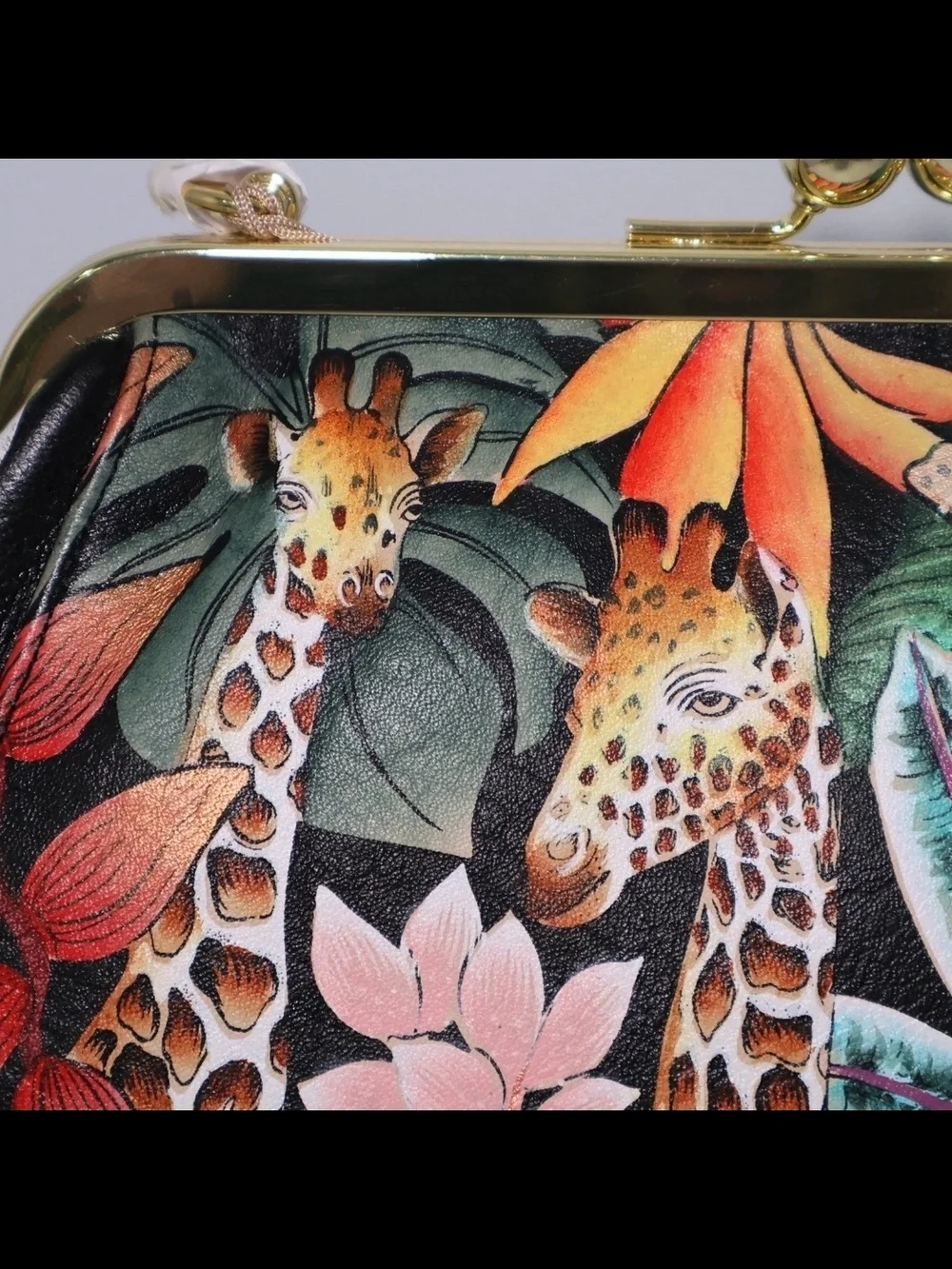 Anuschka Jungle Giraffe Hand-Painted Leather Kiss-Lock Crossbody Clutch Purse